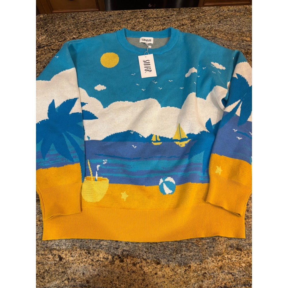 NWT Sinar Mens Tropical Beach Scene Intarsia Knit Cotton Crewneck Sweater Medium